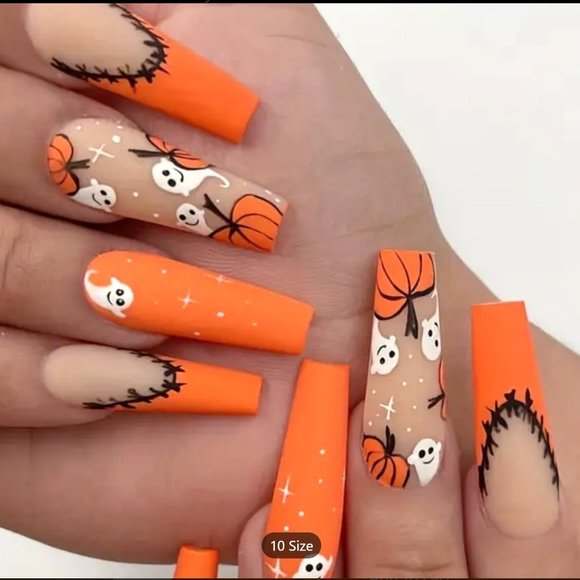 Halloween Nails Press On 24 Coffin Ghost Pumpkin Orange Black Costume Reusable - Picture 1 of 3